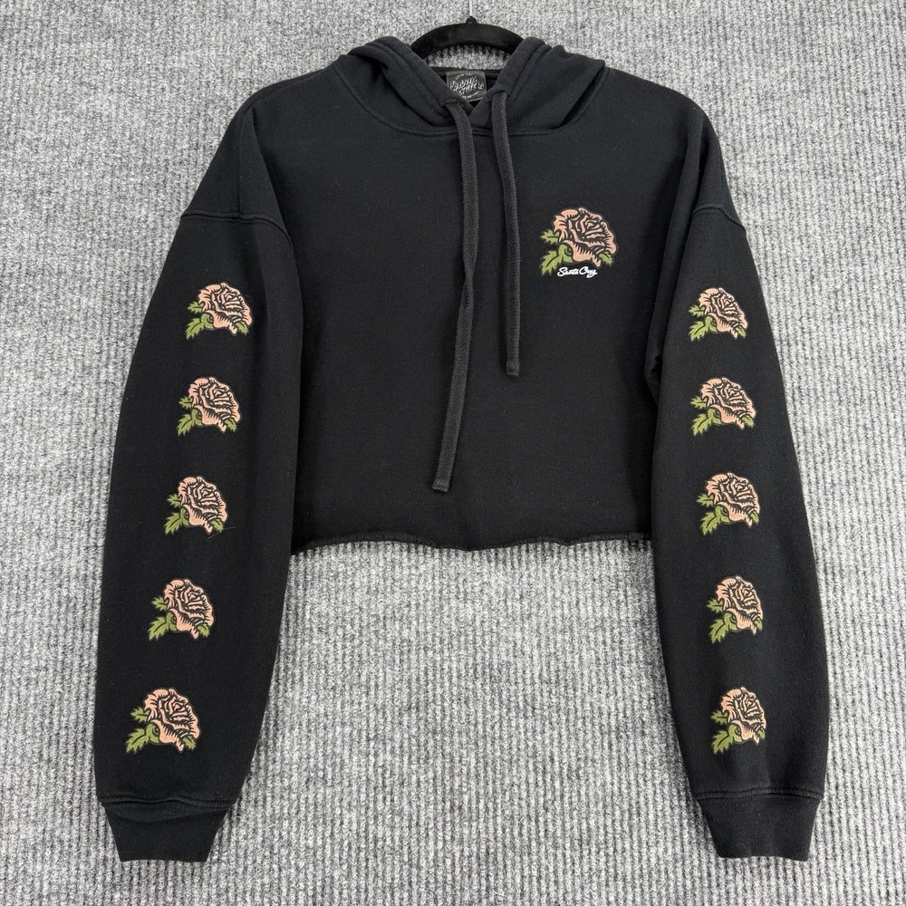Santa Cruz Cropped Hoodie Womens Medium Black Rose Sleeve Graphic Skater